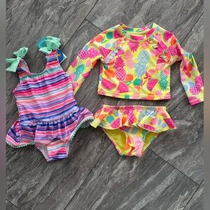 Girls Neon Pineapple Swim Set + Striped One-Piece - Bright Yellow & Pink LOT